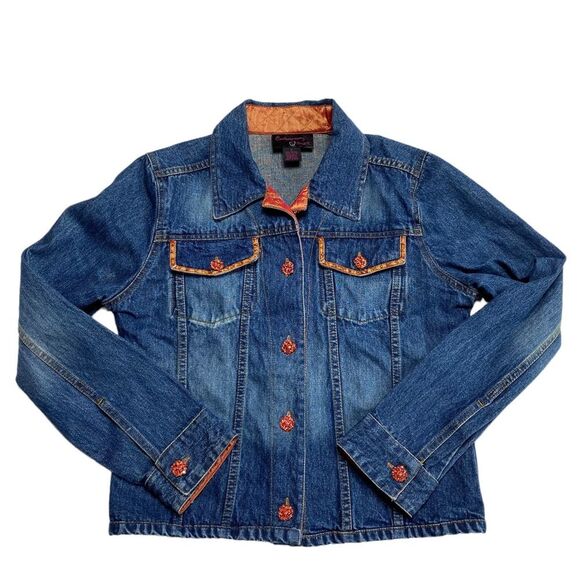 Vintage Bohemian Orange Jewel Button Blue Denim Trucker Jacket Sz S - Picture 16 of 16
